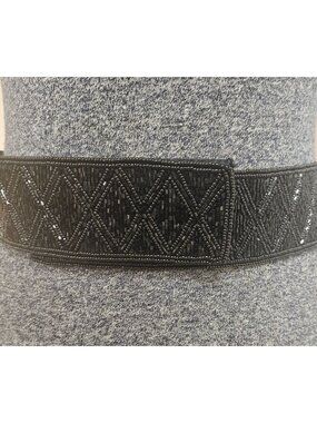 Talbots Waist Belt Womens Size L Black Fabric Beaded Hook And Loop Closure